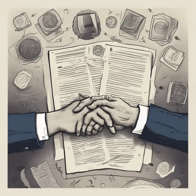 Two hands shaking on a contract while symbols of stocks, bonds, and legal documents surround them