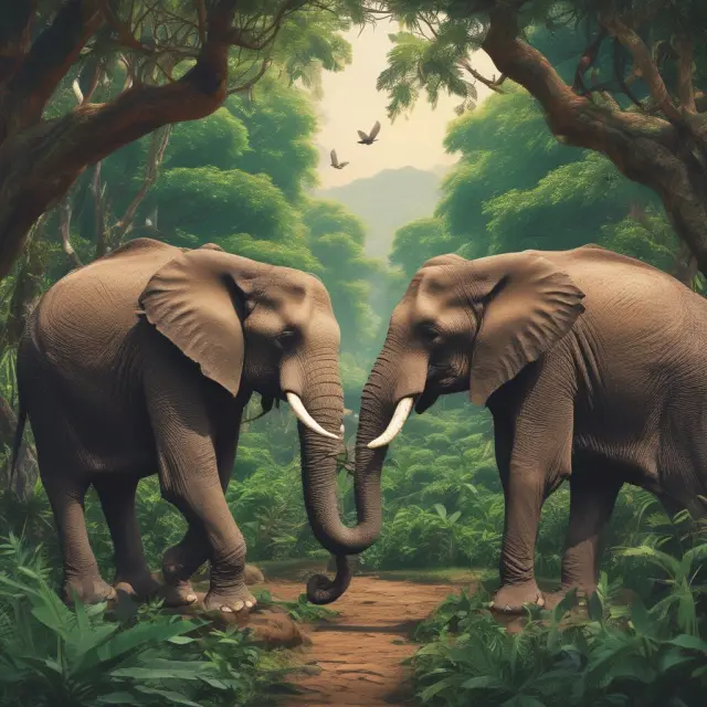 Two elephants - direct (with tusks) and indirect (without tusks) - sharing seeds in a forest, representing access levels of NDS members