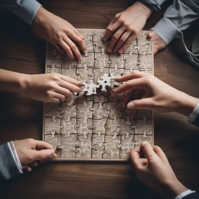 A handshake between two figures assembling a jigsaw puzzle, illustrating effective negotiation and collaboration