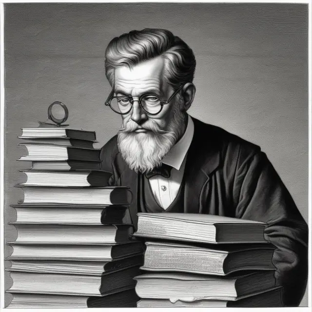 A scholar intensely studying books, supported by a sturdy table and wielding a magnifying glass for meticulous examination