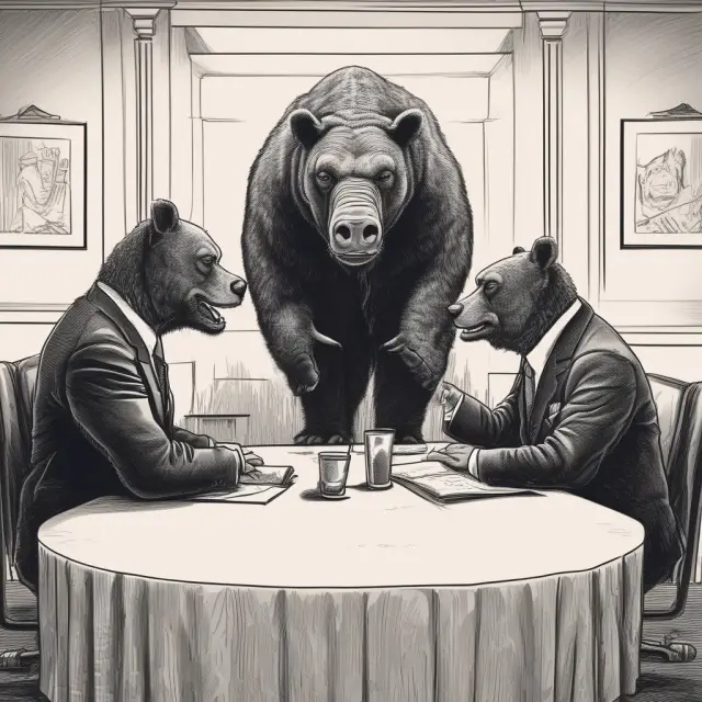 Bull and bear figures in a negotiation scene, showcasing silence and concession strategies. Illustrates tactical negotiations.
