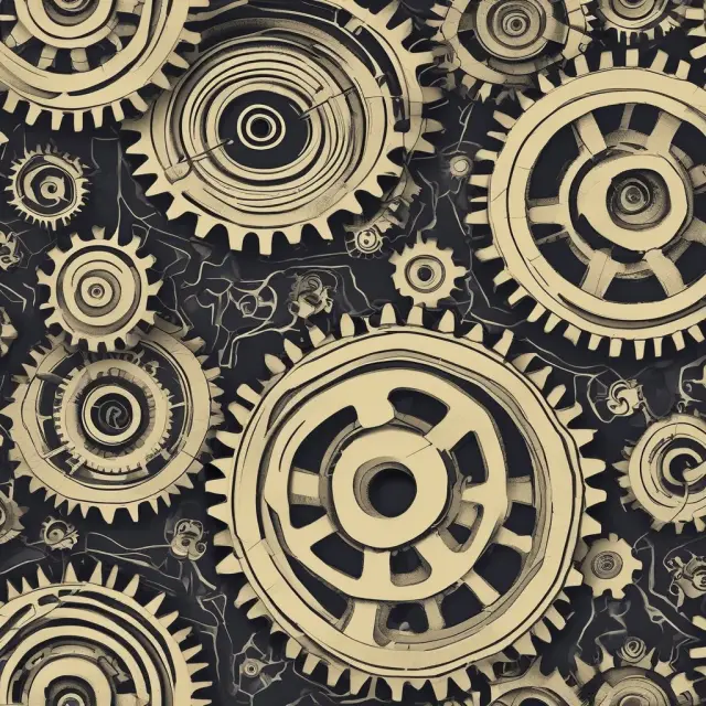 A three-gear mechanism illustrating labor (workers), capital (machines), and technology (a cog with a lightbulb) as essential factors for neoclassical economic growth