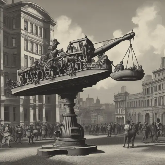 A seesaw represents short-term equilibrium with labor, capital. In the background, production function curves symbolize long-term equilibrium incorporating technology
