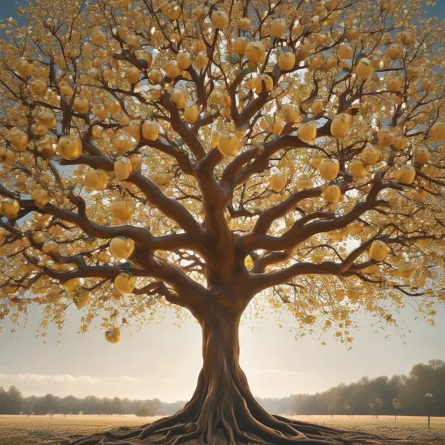 Golden apple tree with labor, capital, and technology working together to produce a bountiful harvest