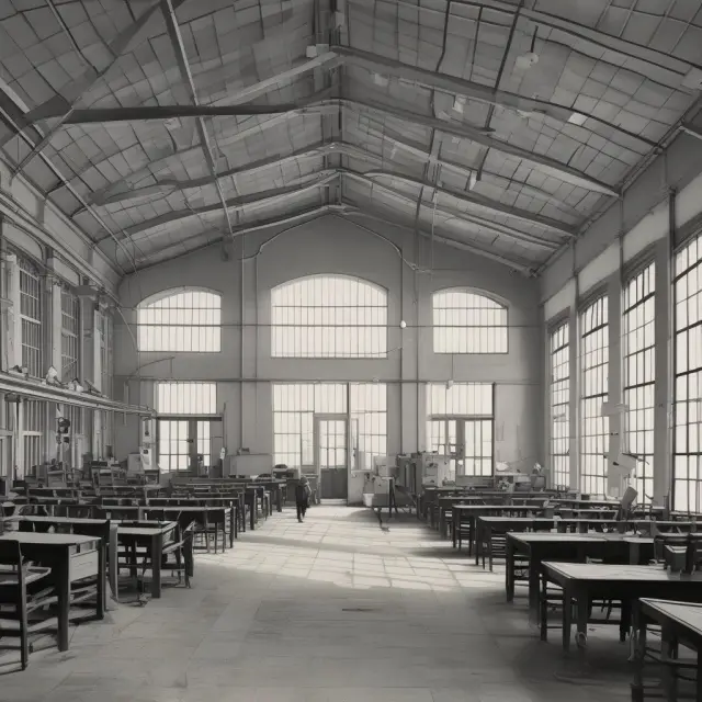 A Neoclassical factory depicting diminishing labor returns and technology acting as a guiding beacon for long-term economic growth.