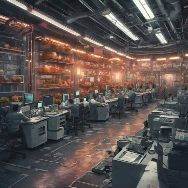 An image of an economy flourishing from the union of labor, capital, and technology.