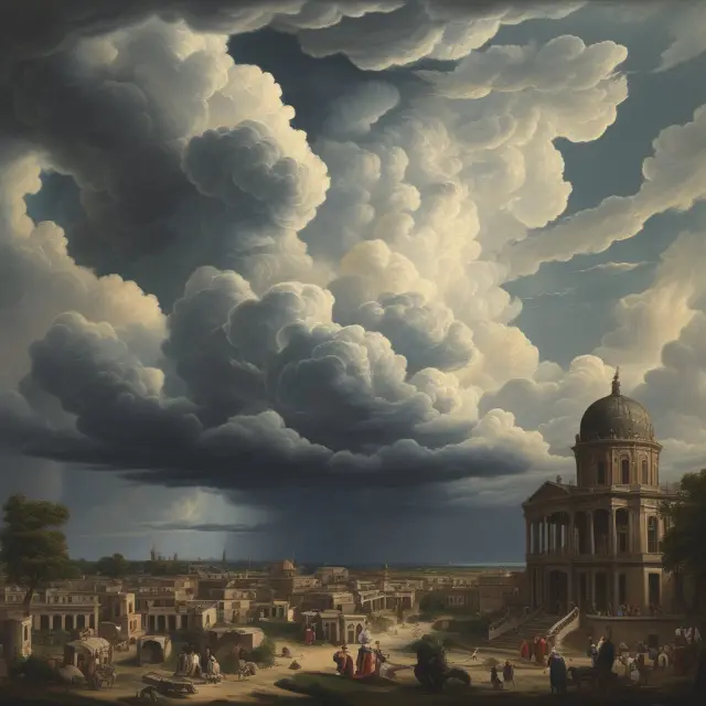 Stormy clouds gathering over a depiction of neoclassical economics, representing various criticisms and challenges to the theory