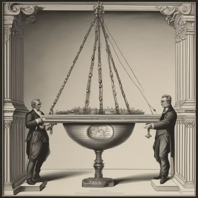 An image of a balance with businesses represented by one side and governments on the other, both holding scales that display neoclassical economic charts.