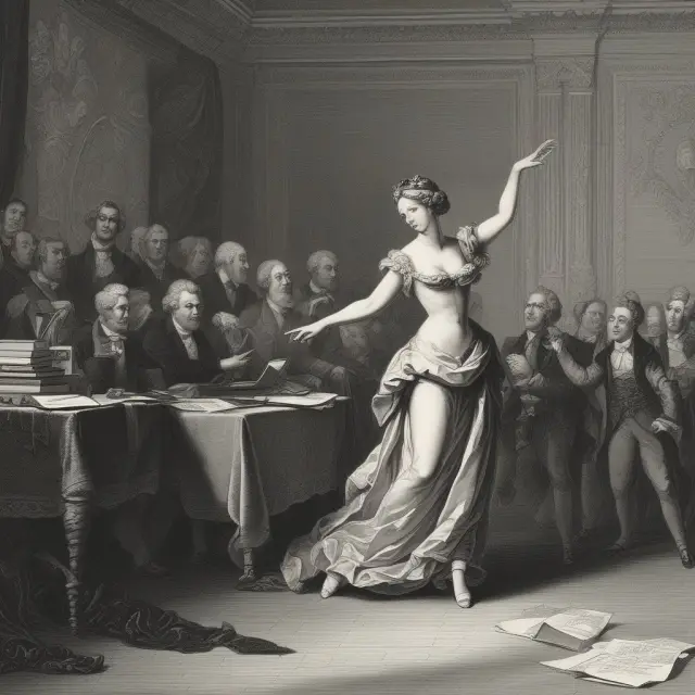 A couple dancing the waltz, representing neoclassical economics, encircled by a collapsing financial market with regulators stepping in to restore balance