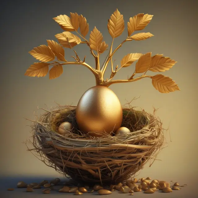 A golden acorn nest cradles a sapling, representing capital preservation and growth towards building a nest egg. Keywords: nest egg, gold, capital preservation, growth.
