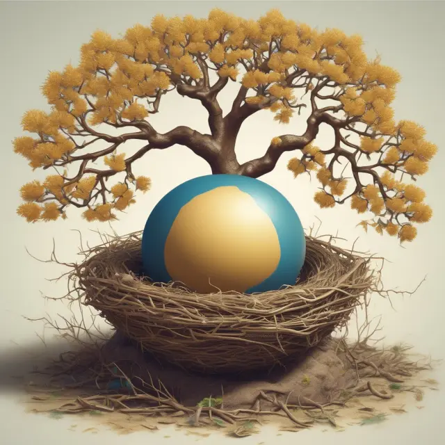 A golden tree with three branches symbolizing CDs, bonds, and blue chips nurturing a nest egg. Illustrating conservative investments for long-term objectives.