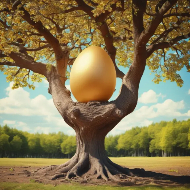 A golden egg sits atop an ancient tree with branches bearing financial instruments like stocks and bonds, symbolizing growth and preservation against the passage of time