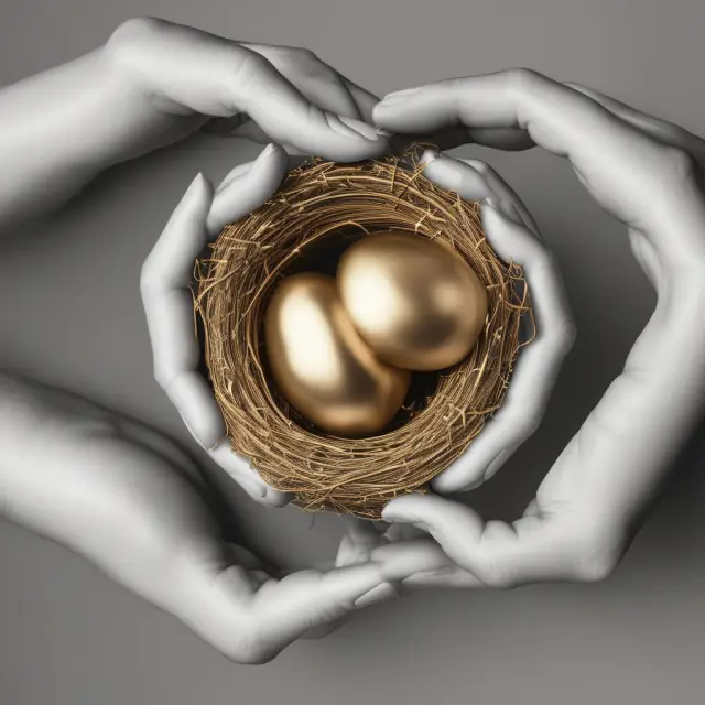 Image of two hands holding a golden nest egg together, signifying joint retirement planning and collaboration