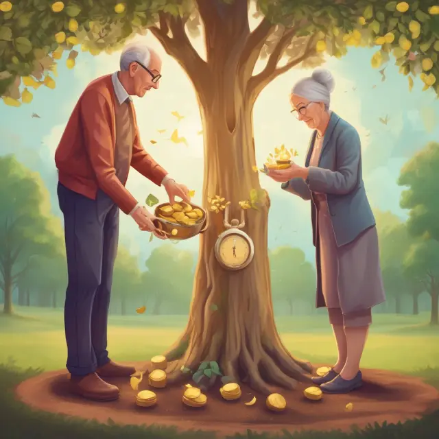 A golden hourglass and a legacy tree laden with coins: Long-term care considerations, legacy planning, and estate distribution for nest eggs.