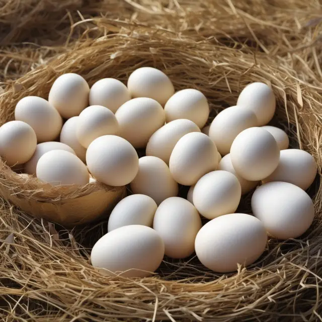 A golden goose lays eggs on a farm with diversified investments representing safe, stable returns for a nest egg.