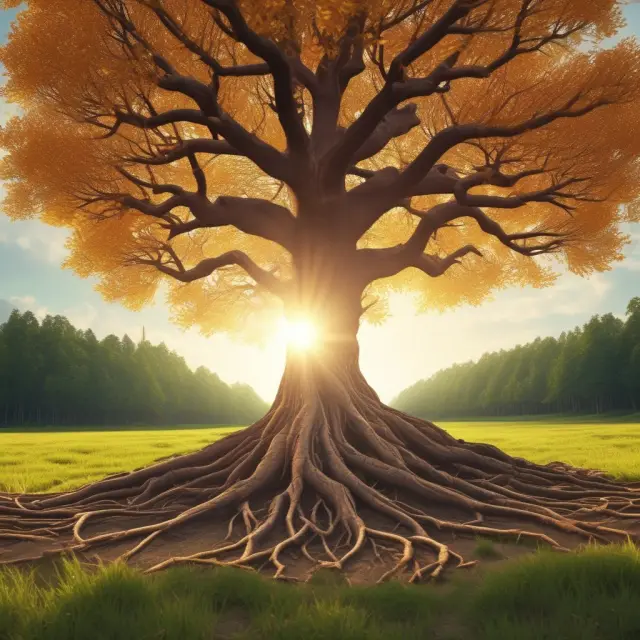 Image of a golden sun shining on a tree with strong, positive roots symbolizing a company