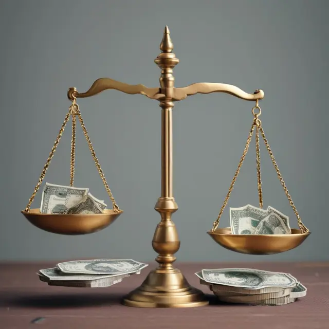 Two scales balanced between EBITDA and net debt with cash in a bowl