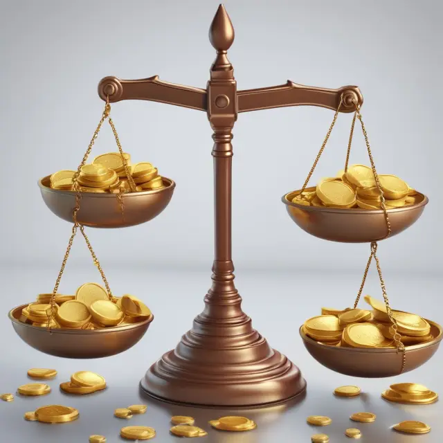 Golden balance scales weighing gold coins (representing EBITDA) against earnings reports (representing net debt), with industry averages indicated