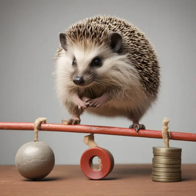 A hedgehog holding a seesaw with exchange-traded funds (ETFs), options, and volatility indicator. Balancing risk in modern markets.