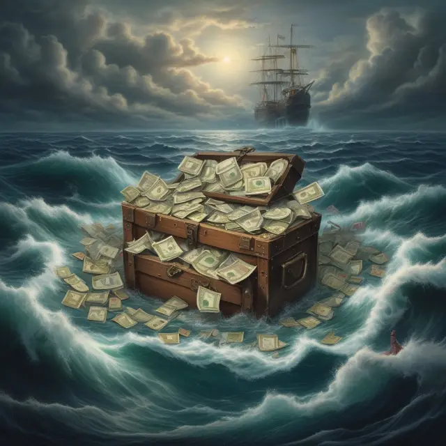 Currency seas filled with importing ships and exporting vessels; floating treasure chest symbolizes net foreign assets