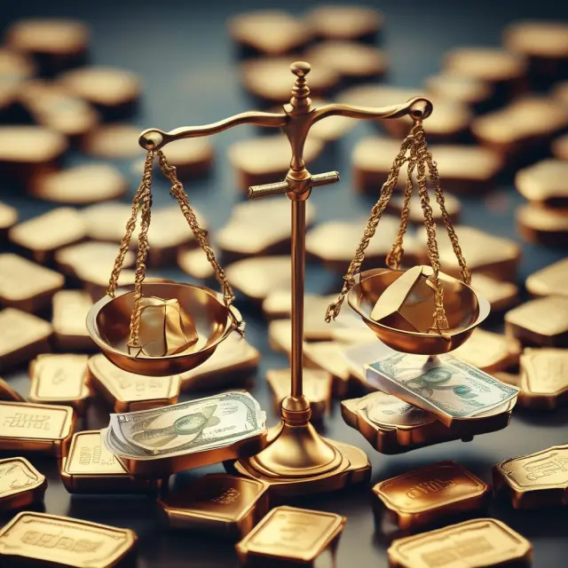Scale showing golden bars (representing external assets) and currencies (external liabilities) balancing net foreign assets