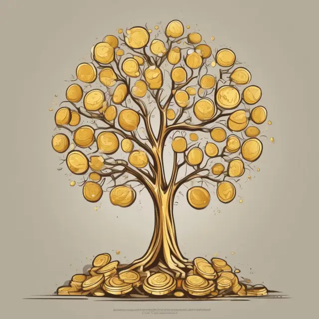 A growing tree adorned with golden coins represents net income after taxes, symbolizing the company