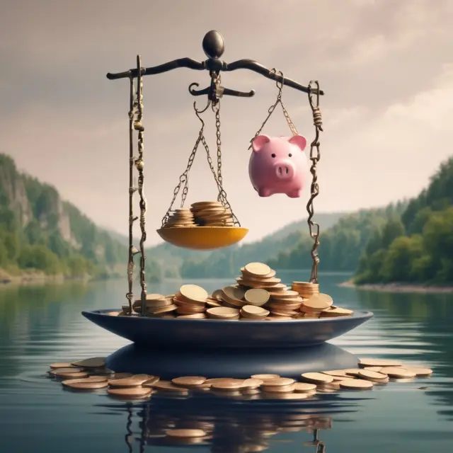 An old-fashioned scale balances revenue against a piggy bank filled with various expenses, including taxes that flow out as a river