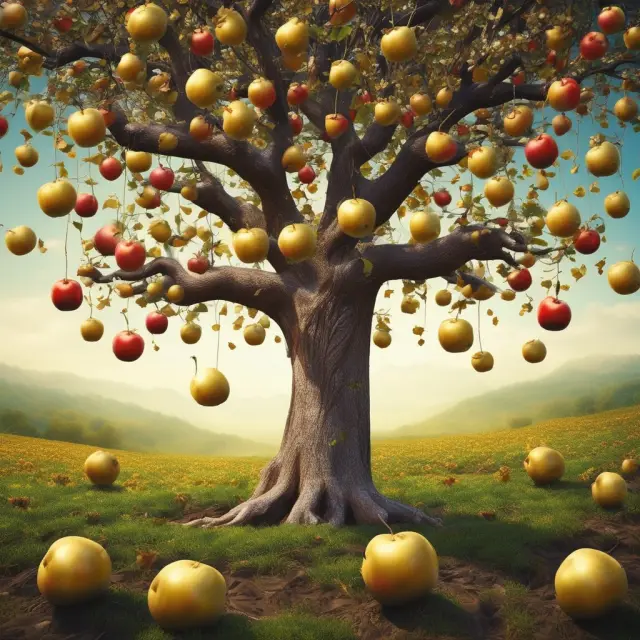 An apple tree with a mix of ripe and unripe apples representing both cash and net income after taxes in the context of Apple Inc.