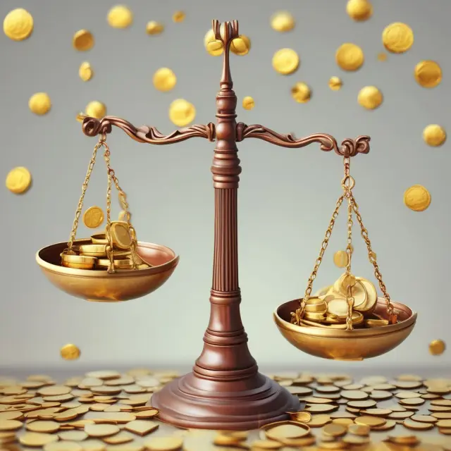 Gold scales displaying net income after taxes coins from two rival companies