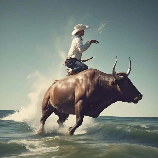 An interest bull riding the crest of waves formed by exchange rates, representing Net Interest Rate Differential and carry trades.