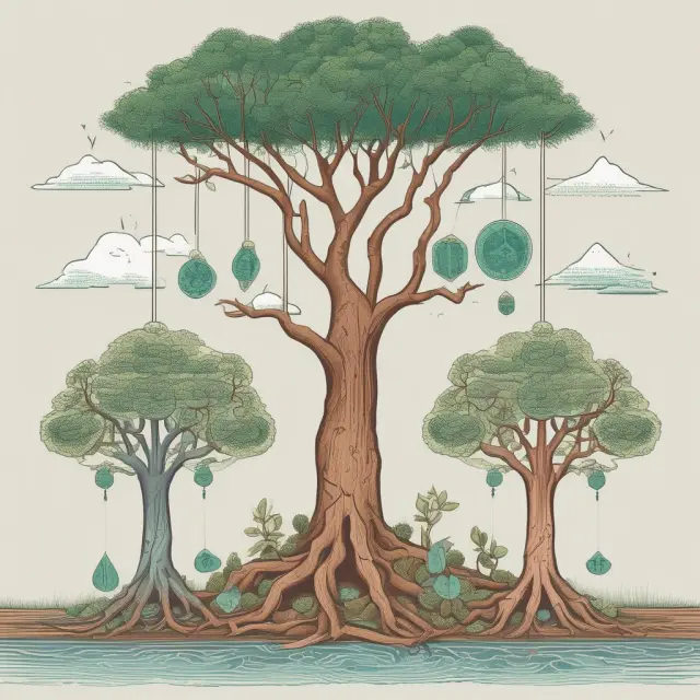 Two trees growing alongside each other: one bears high-interest fruits, while the other has low-interest branches. Interconnected roots represent exchange rate fluctuations.