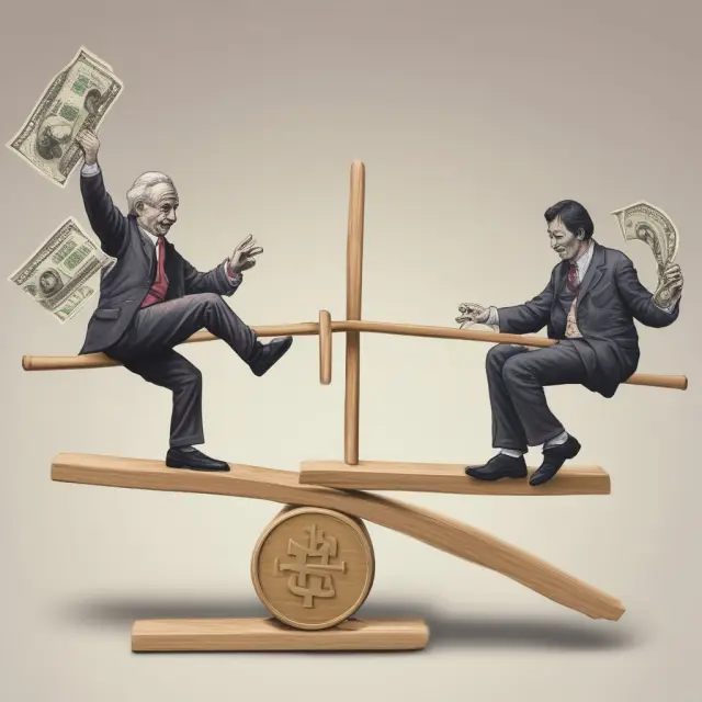 A visual metaphor representing the risks involved with Net Interest Rate Differential (NIRD) carry trades, depicting a Yen and Dollar dancing on a seesaw of interest rates and currency volatility.