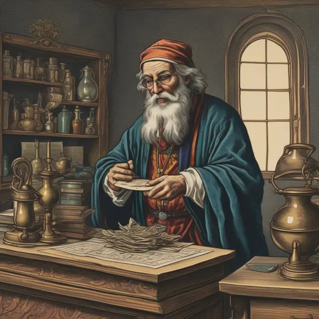 An alchemist transforming gold (deposits) into multiple loans, representing the net interest rate spread process