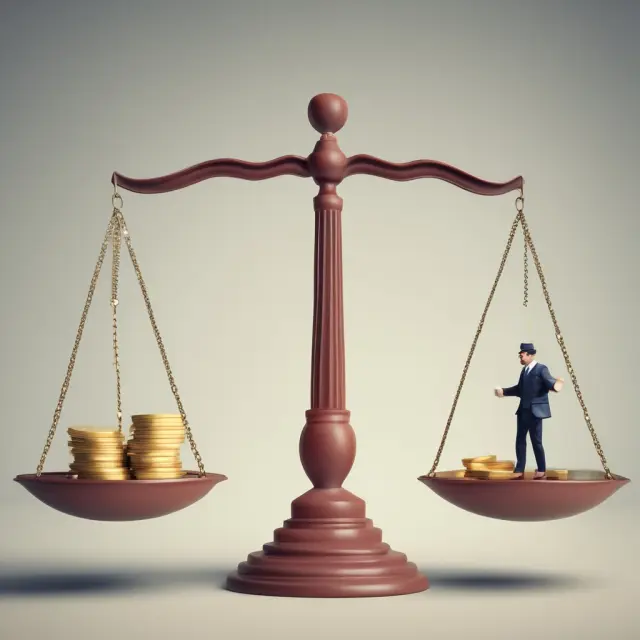 A banker skillfully maintaining balance on a scale, as coins representing interest flows from borrowers and depositors