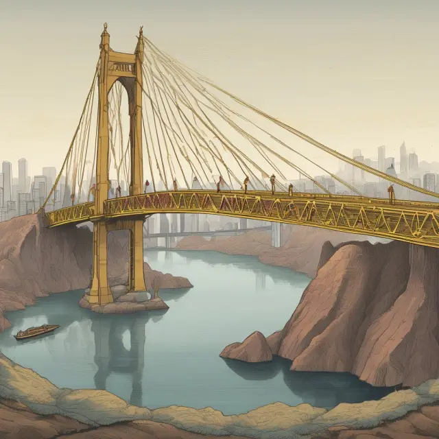 A golden bridge symbolizing net interest rate spread with money bags on either side representing loans and deposits