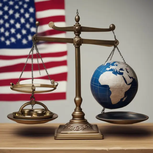 A balanced scale representing Net International Investment Position (NIIP), with the US flag symbolizing domestic assets and a globe signifying foreign assets