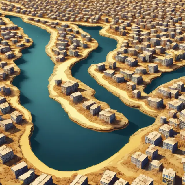 Golden river of NNP flowing through a landscape of worn-out buildings, symbolizing depreciation and capital consumption allowance