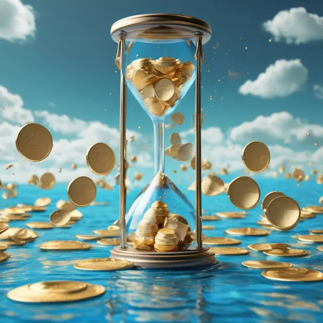 A golden hourglass pours net premiums into a pool, illustrating the relationship between written premiums and insurance company performance.