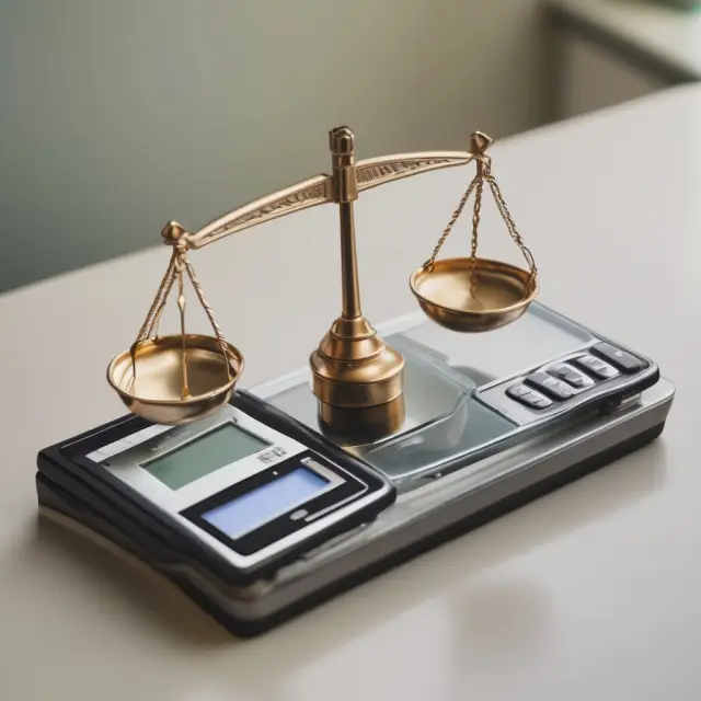 Checkbook on a balance with digital scale representing net settlement in banking