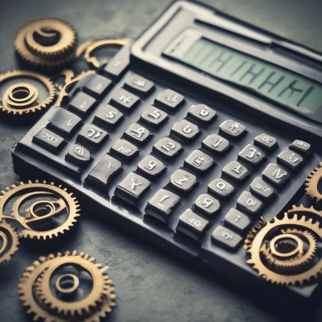 A gear calculator with gears representing Cost of Goods Sold (COGS), Operating Expenses, Interest Expense, Taxes, and One-time Events affecting net profit margin calculation