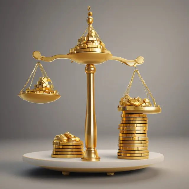 Golden scale representing net profit margin, with revenue on one side and costs on the other. The balance tip indicates a healthy net profit margin.