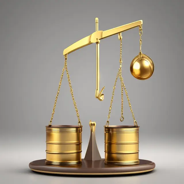 An oil barrel with a golden netback measuring rod on a scale, illustrating the assessment of a company