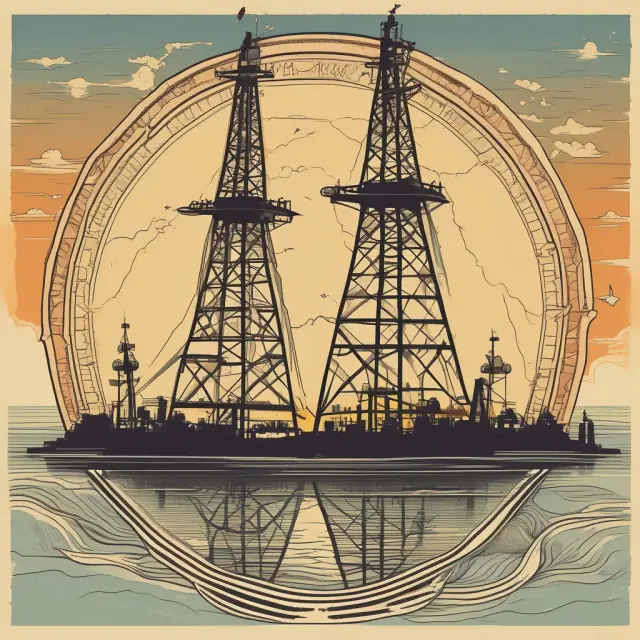 An investor holding a compass in an oil field, with derricks pointed towards the sun, symbolizing profitable netbacks.