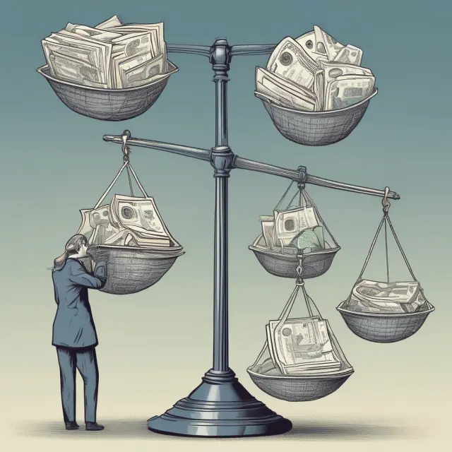 Balanced scales represent net debt calculation: short-term debt, long-term debt, and cash
