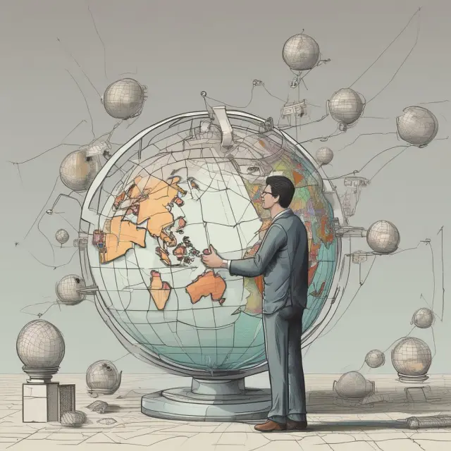 An institutional investor scrutinizes a globe, assessing net debt per capita of various countries to inform investment strategies.