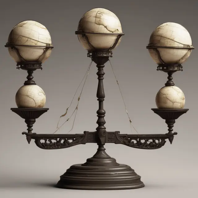 Scale balanced between two interconnected globes, one symbolizing exports and the other imports