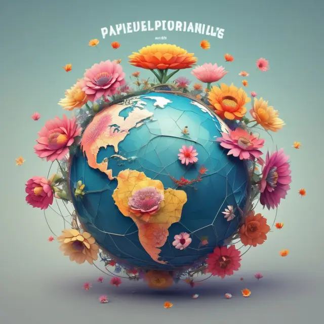 Countries represented as flowers exchanging petals to symbolize net exports and global trade