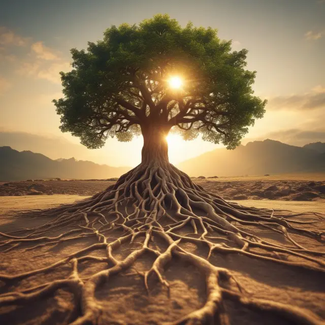 A tree with deep, strong roots representing net exporting nations, reaching towards a golden sun symbolizing stability and opportunity.