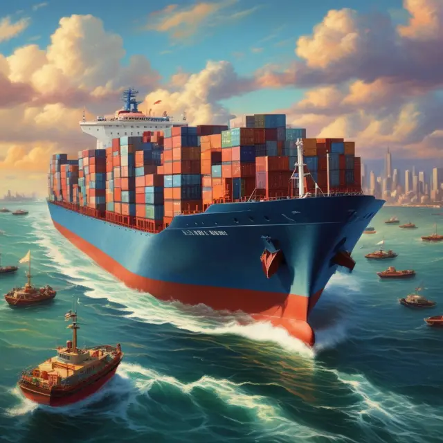 A US flag-adorned ship overflowing with a mix of food, oil, vehicles, electronics, and pharmaceuticals, sailing through international waters while investors from other countries observe.