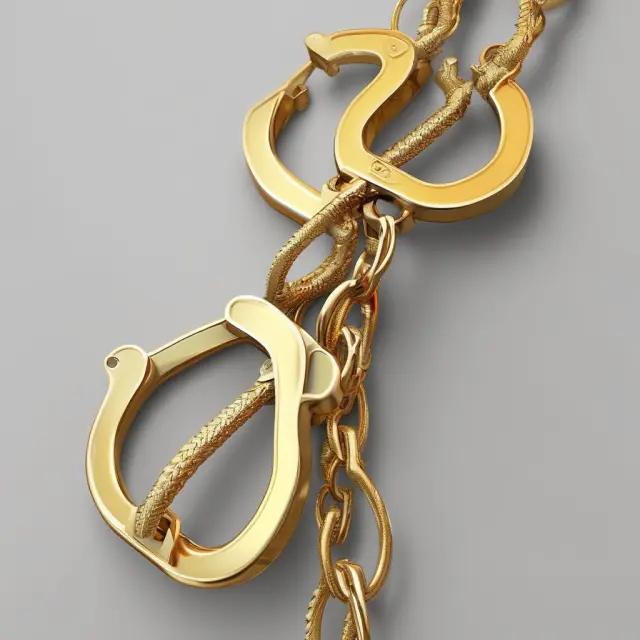 A golden pair of handcuffs symbolizing continuous dependence on foreign imports, emphasizing long-term issues with running trade deficits.